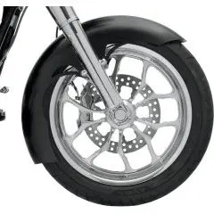 A close up of the front wheel on a motorcycle