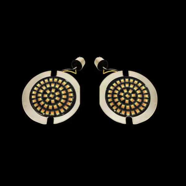 A pair of earrings with white and black circles.
