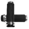 A pair of black and silver motorcycle grips.