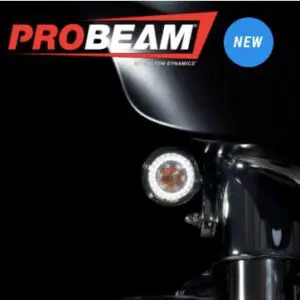 A black motorcycle with the probeam logo on it.