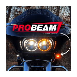 A motorcycle with the probeam logo on it.