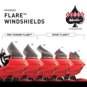 A line of red and black windshields with the words " patented flare windshields."