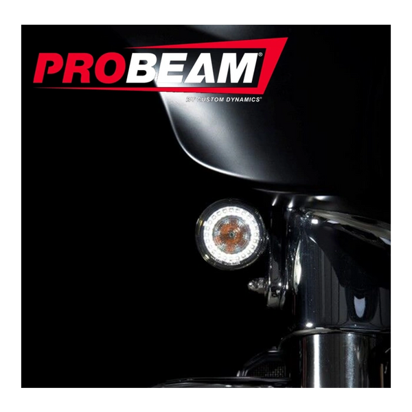 A close up of the probeam logo on a motorcycle.