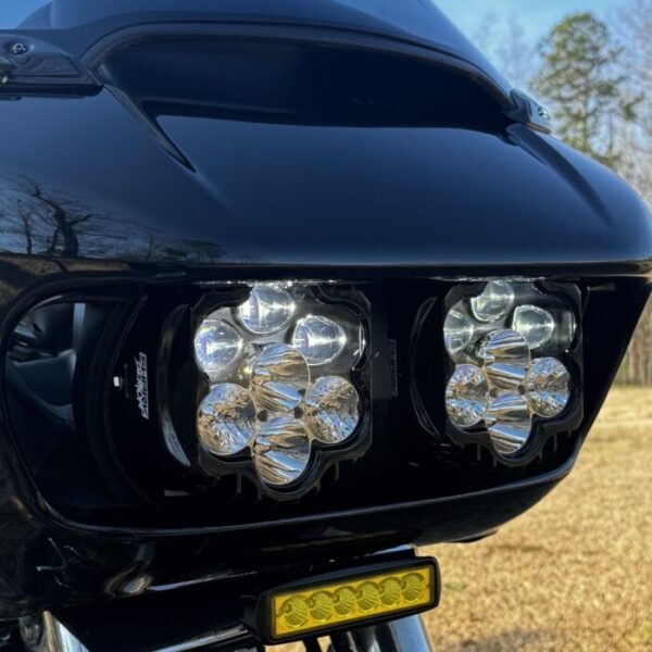 Black motorcycle with LED headlights.