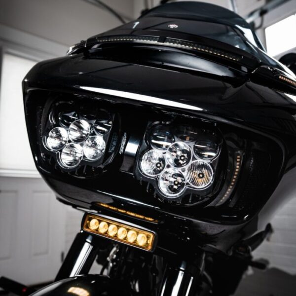 Black motorcycle with LED headlights.